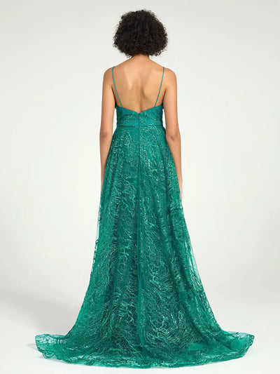 Carlyna Sequin Tulle Mermaid V-Neck Dress with Strappy Back & Sweep Train