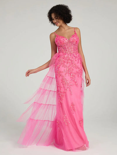 Carlyna Floral Embroidered Spaghetti Strap Mermaid Formal Dress with High Slit