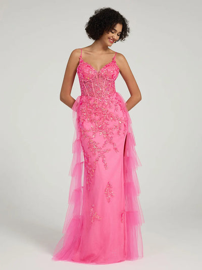 Carlyna Floral Embroidered Spaghetti Strap Mermaid Formal Dress with High Slit