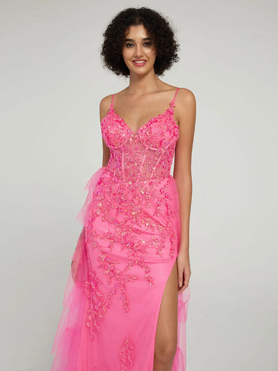 Carlyna Floral Embroidered Spaghetti Strap Mermaid Formal Dress with High Slit