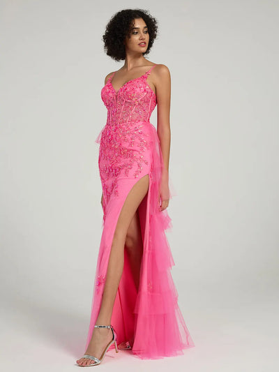 Carlyna Floral Embroidered Spaghetti Strap Mermaid Formal Dress with High Slit