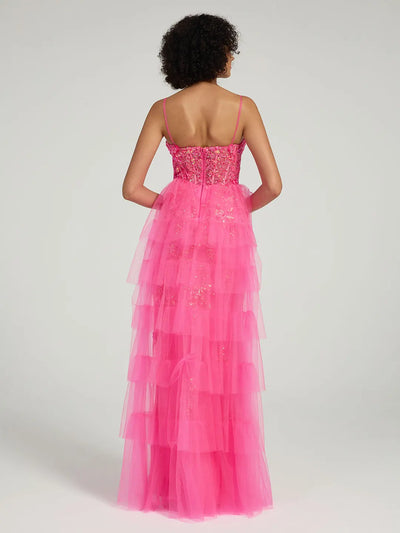 Carlyna Floral Embroidered Spaghetti Strap Mermaid Formal Dress with High Slit