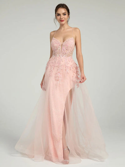 Carlyna Floral Lace A-Line Sequin Maxi Dress with Plunging Neckline