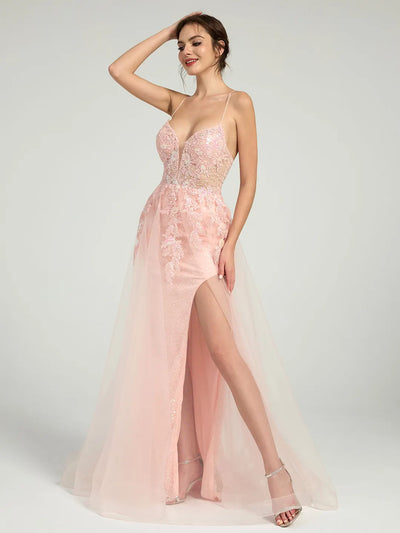 Carlyna Floral Lace A-Line Sequin Maxi Dress with Plunging Neckline