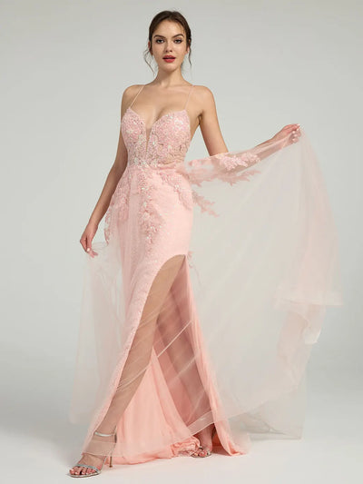 Carlyna Floral Lace A-Line Sequin Maxi Dress with Plunging Neckline