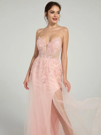 Carlyna Floral Lace A-Line Sequin Maxi Dress with Plunging Neckline