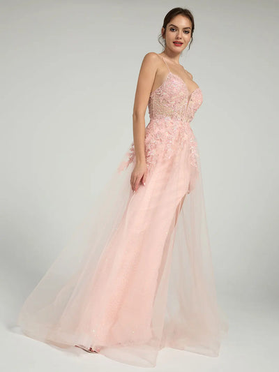 Carlyna Floral Lace A-Line Sequin Maxi Dress with Plunging Neckline