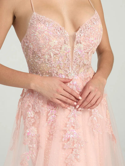 Carlyna Floral Lace A-Line Sequin Maxi Dress with Plunging Neckline