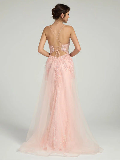 Carlyna Floral Lace A-Line Sequin Maxi Dress with Plunging Neckline