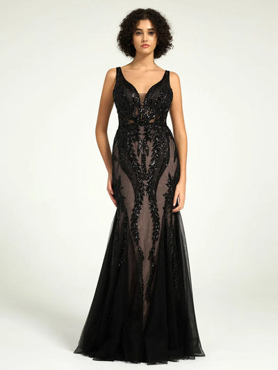 Carlyna Full-Length Nude Illusion Black Lace Sequin Mermaid Formal Gown