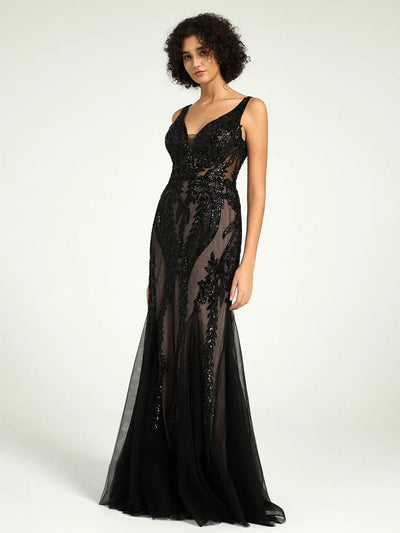 Carlyna Full-Length Nude Illusion Black Lace Sequin Mermaid Formal Gown