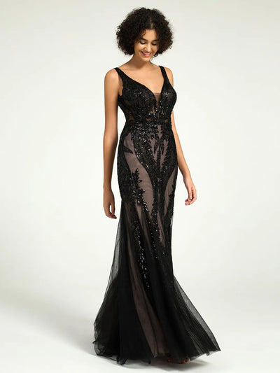Carlyna Full-Length Nude Illusion Black Lace Sequin Mermaid Formal Gown
