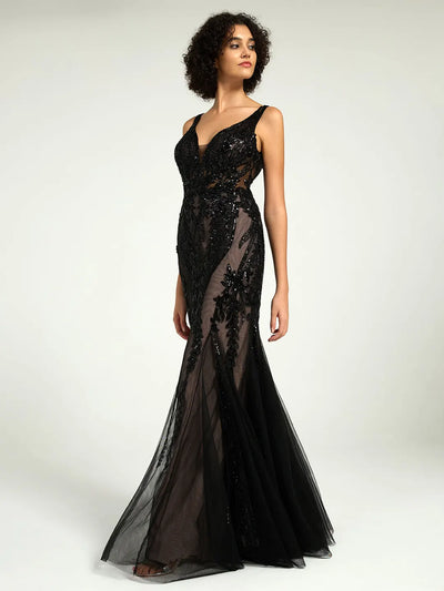 Carlyna Full-Length Nude Illusion Black Lace Sequin Mermaid Formal Gown