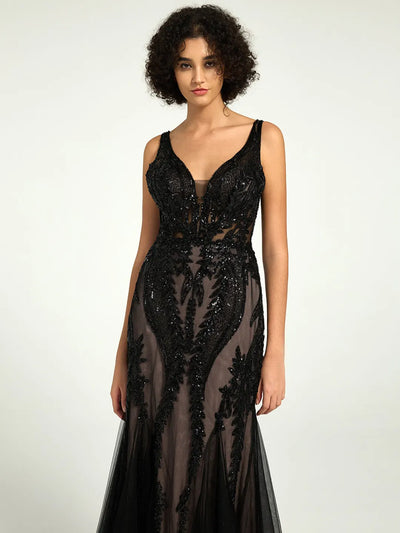 Carlyna Full-Length Nude Illusion Black Lace Sequin Mermaid Formal Gown