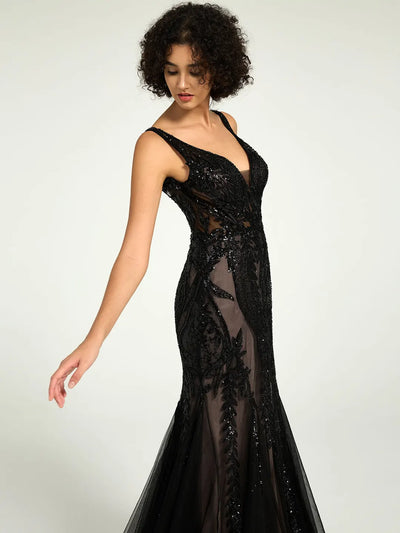 Carlyna Full-Length Nude Illusion Black Lace Sequin Mermaid Formal Gown