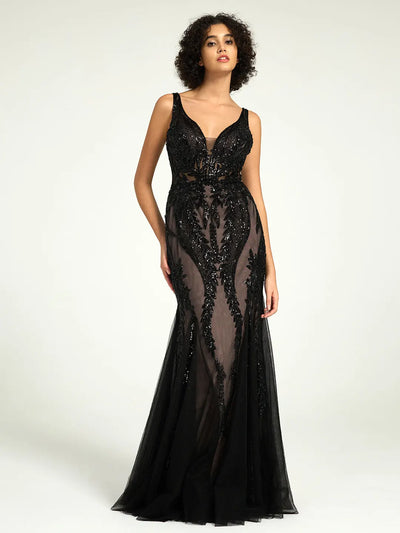Carlyna Full-Length Nude Illusion Black Lace Sequin Mermaid Formal Gown