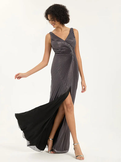Glitter Pleated Maxi Dress with V-Neck & Slit