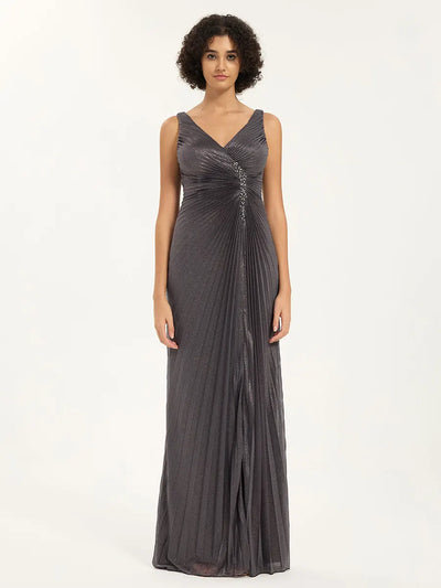 Glitter Pleated Maxi Dress with V-Neck & Slit