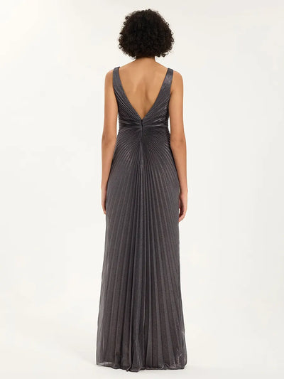 Glitter Pleated Maxi Dress with V-Neck & Slit