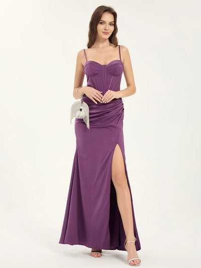 Glitter Satin A-Line Maxi Prom Dress with Sweetheart Neckline & Leg Slit
