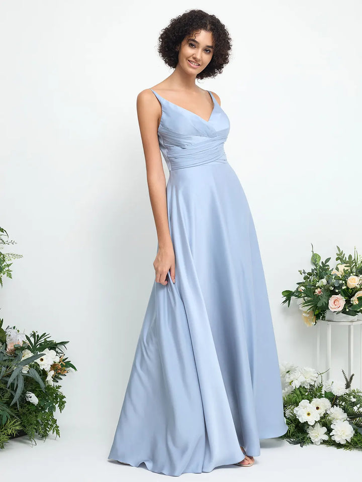 Glitter Satin Ruched A-Line Maxi Dress | V-Neck, Sleeveless, Open Back | Formal Evening Gown Carlyna UK 116.00 Glitter Satin Ruched A-Line Maxi Dress | V-Neck, Sleeveless, Open Back | Formal Evening Gown Carlyna UK 116.00