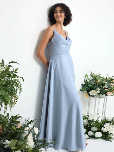 Glitter Satin Ruched A-Line Maxi Dress with V-Neck and Open Back