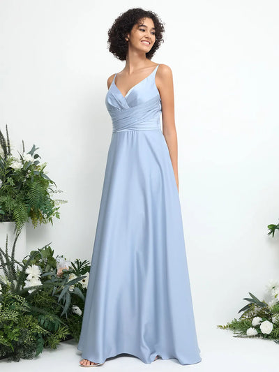 Glitter Satin Ruched A-Line Maxi Dress with V-Neck and Open Back
