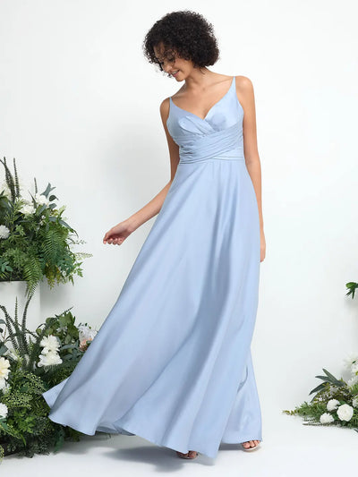 Glitter Satin Ruched A-Line Maxi Dress with V-Neck and Open Back