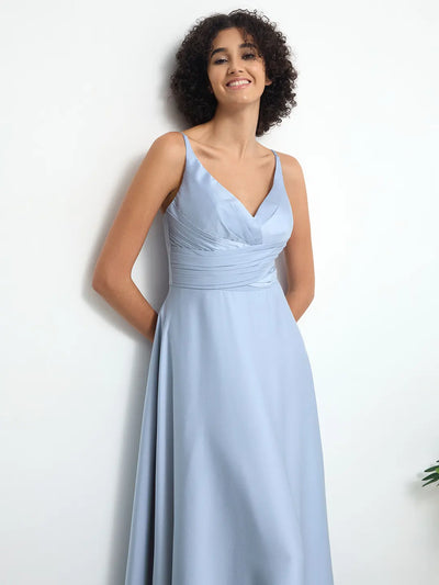 Glitter Satin Ruched A-Line Maxi Dress with V-Neck and Open Back