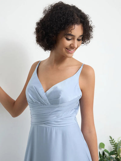 Glitter Satin Ruched A-Line Maxi Dress with V-Neck and Open Back