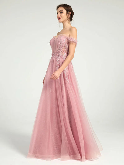 Carlyna Glitter Tulle Off-the-Shoulder Ball Gown with Beaded Lace and Open Back