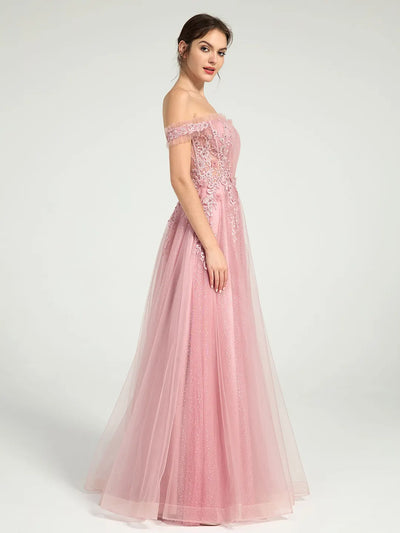 Carlyna Glitter Tulle Off-the-Shoulder Ball Gown with Beaded Lace and Open Back