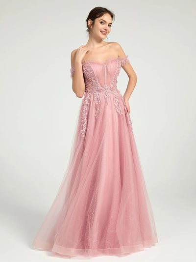 Carlyna Glitter Tulle Off-the-Shoulder Ball Gown with Beaded Lace and Open Back