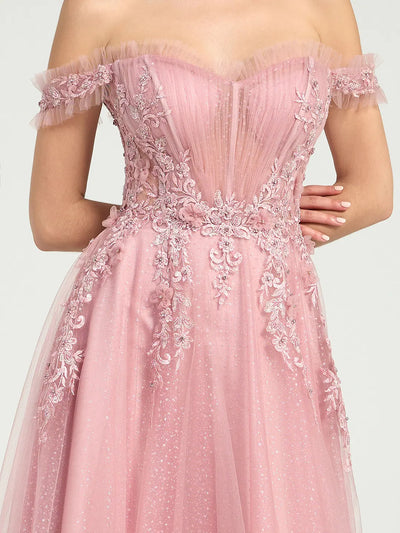 Carlyna Glitter Tulle Off-the-Shoulder Ball Gown with Beaded Lace and Open Back