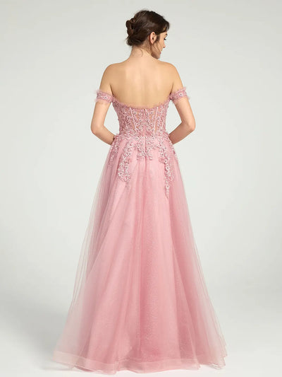 Carlyna Glitter Tulle Off-the-Shoulder Ball Gown with Beaded Lace and Open Back