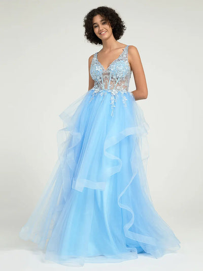 Gorgeous A-Line Ruffled Lace Tulle Long Prom Dress with Beading & Illusion Back