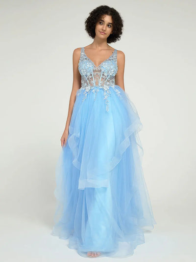 Gorgeous A-Line Ruffled Lace Tulle Long Prom Dress with Beading & Illusion Back
