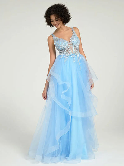 Gorgeous A-Line Ruffled Lace Tulle Long Prom Dress with Beading & Illusion Back