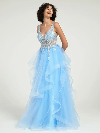 Gorgeous A-Line Ruffled Lace Tulle Long Prom Dress with Beading & Illusion Back