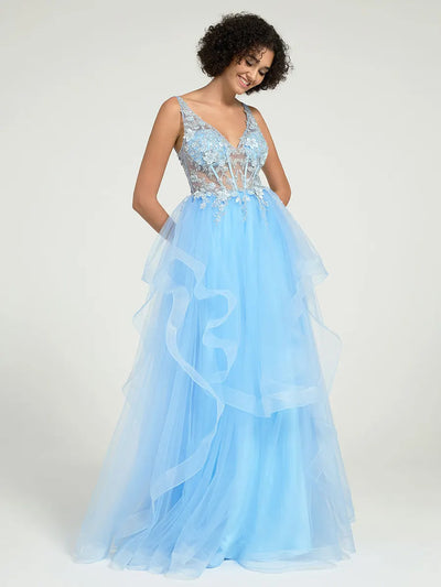 Gorgeous A-Line Ruffled Lace Tulle Long Prom Dress with Beading & Illusion Back