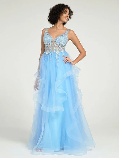 Gorgeous A-Line Ruffled Lace Tulle Long Prom Dress with Beading & Illusion Back