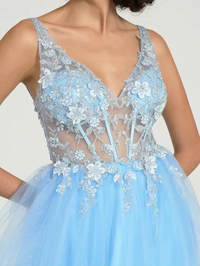 Gorgeous A-Line Ruffled Lace Tulle Long Prom Dress with Beading & Illusion Back