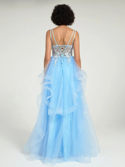 Gorgeous A-Line Ruffled Lace Tulle Long Prom Dress with Beading & Illusion Back