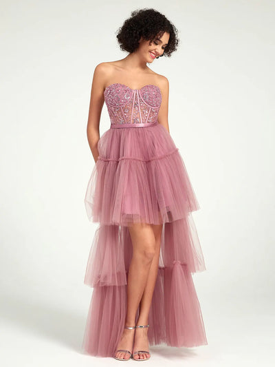 Carlyna High-Low Tiered Tulle Gown with Sweetheart Corset & Beaded Accents