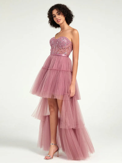 Carlyna High-Low Tiered Tulle Gown with Sweetheart Corset & Beaded Accents
