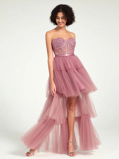 Carlyna High-Low Tiered Tulle Gown with Sweetheart Corset & Beaded Accents