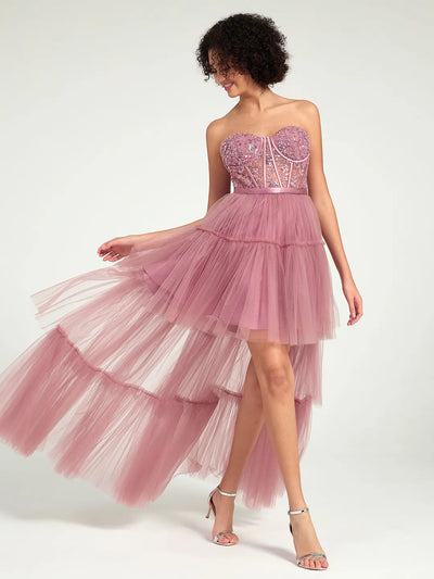 Carlyna High-Low Tiered Tulle Gown with Sweetheart Corset & Beaded Accents
