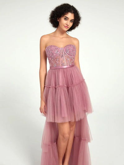 Carlyna High-Low Tiered Tulle Gown with Sweetheart Corset & Beaded Accents