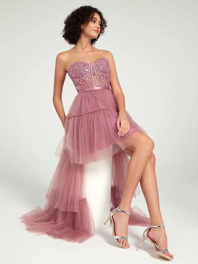 Carlyna High-Low Tiered Tulle Gown with Sweetheart Corset & Beaded Accents
