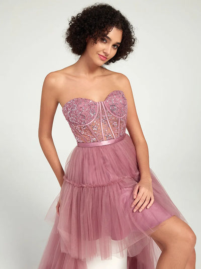 Carlyna High-Low Tiered Tulle Gown with Sweetheart Corset & Beaded Accents